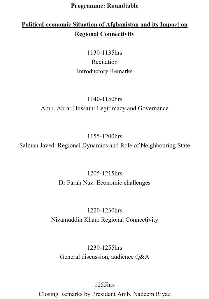 IRSIslamabad's tweet photo. Join @IRSIslamabad roundtable discussion on an important topic titled;
"Political-Economic situation of Afghanistan and its impact on Regional Connectivity"
on Tuesday, 19 September 2023 at 1130hrs.
@ForeignOfficePk @IPS_1979 @M_EssJay @salarzai_
Program & Speakers details 👇 https://t.co/vHhKG6GwyW
