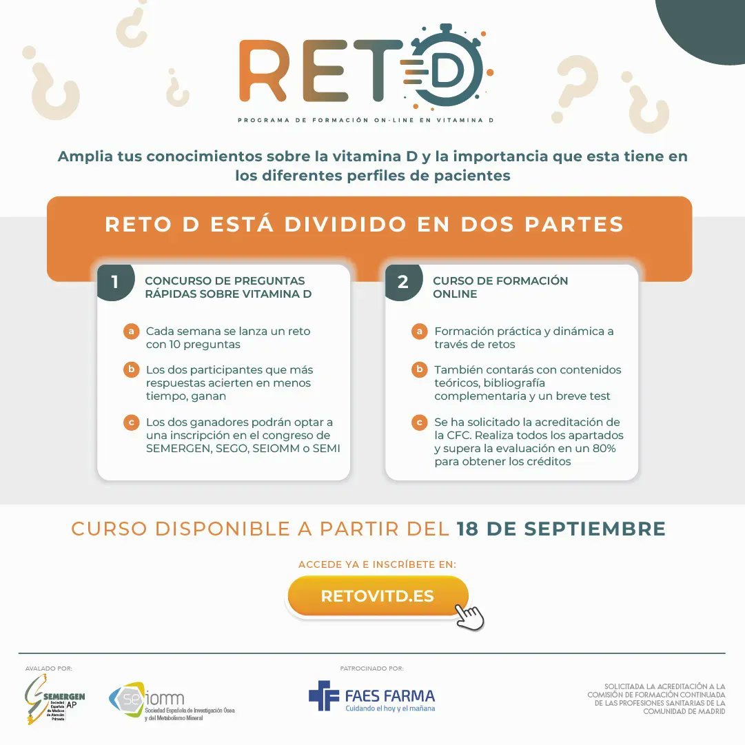 SEMERGEN_CV's tweet photo. 🔜 18 Sept. comienza #RetoD
💻 Programa de formación online en Vitamina D desde https://t.co/y1DFz5AjxZ
👉Dirigido a profesionales interesados podrán ampliar sus conocimientos sobre la vitamina D y la importancia que esta tiene en diferentes perfiles de pacientes https://t.co/MwXKkvjTmV