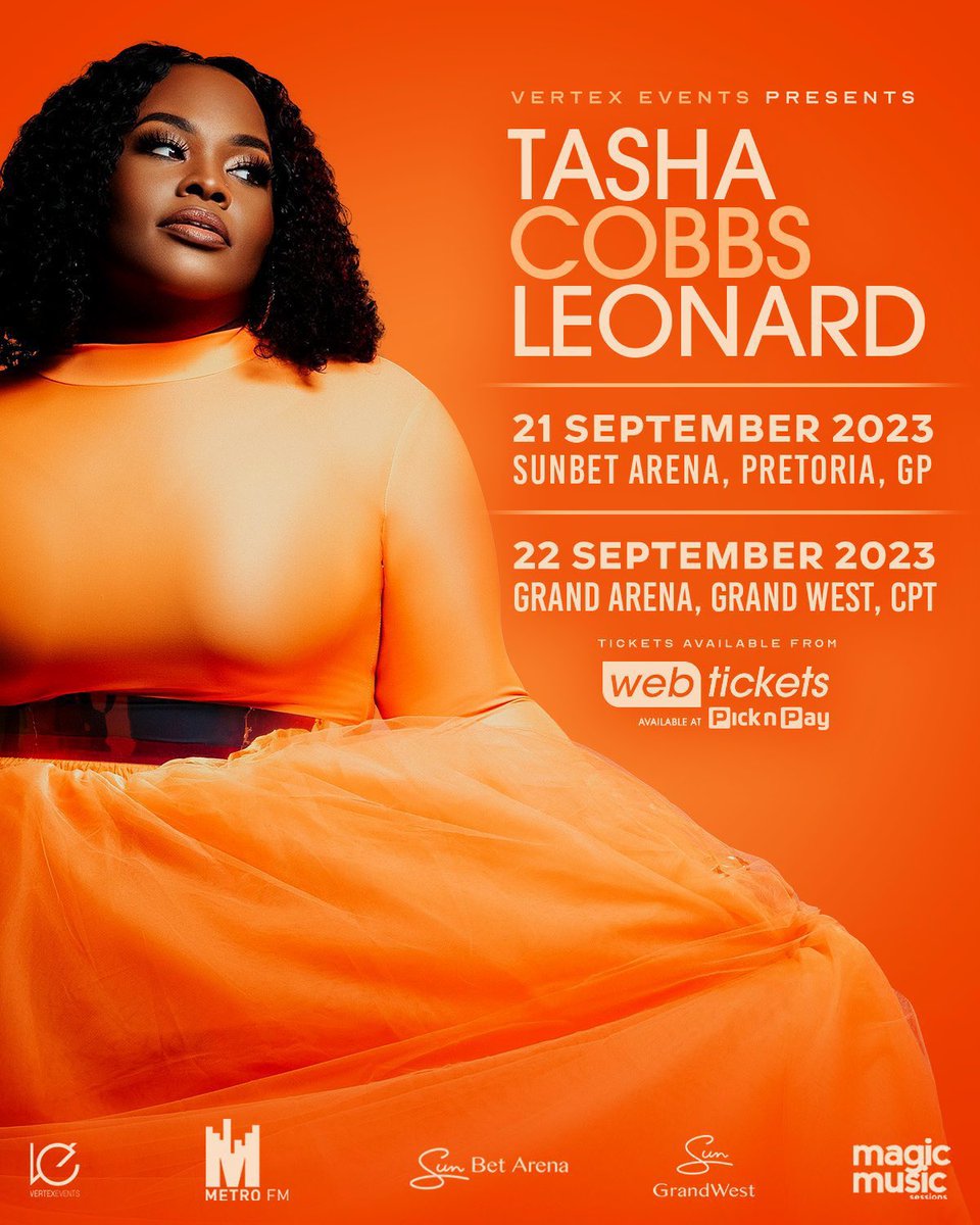 .@tashacobbs Live in SA! Have you got your tickets yet? 2 1 Sep | Sunbet Arena (PTA) & 22 Sep | Grandwest Arena (Cape Town). Tickets available on Webtickets here -> shorturl.at/bepN4. Get yours now!