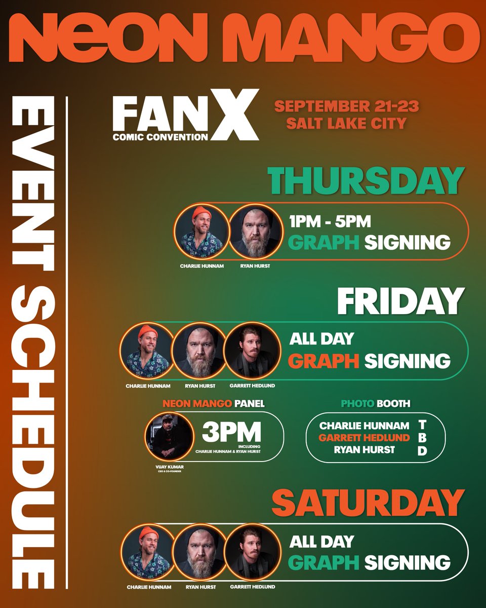 📣 Welcom Ryan Hurst (@RamboDonkeyKong) and Garrett Hedlund alongside Charlie Hunnam presenting @NeonMangoSocial to #FanX!! 🎟 Join us at FanX 2023 THIS WEEK taking place September 21st-23rd. Get your event passes HERE: bit.ly/3NXVwr8. Pricing increases at the door.