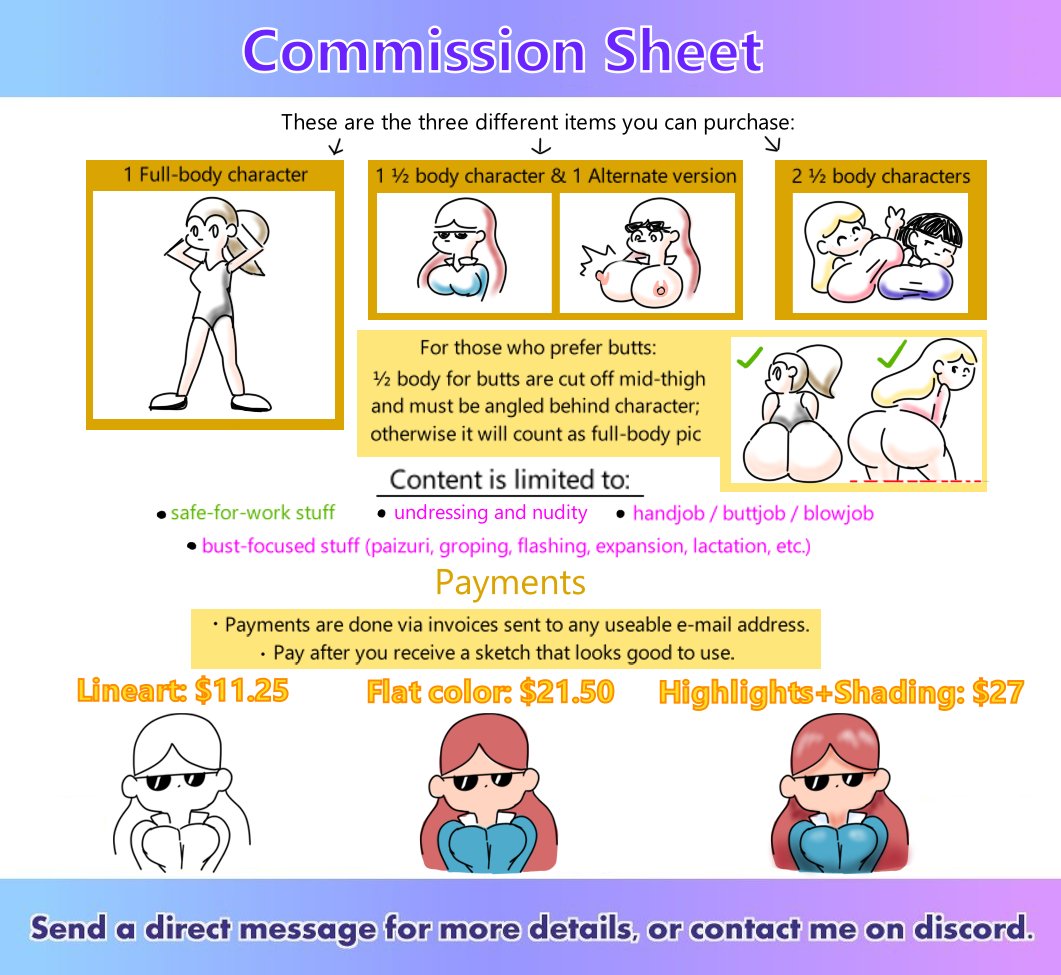 afroditeinstead's tweet photo. Commissions update! 😇
Charging for colors and highlights+shading now, which means for the BOGO deal, we're now going by Publix rules.
Also, I've added more 6 girls to the BOGO list.
For more info DM here or discord: afrodite4328 https://t.co/fTNtiHjiyB