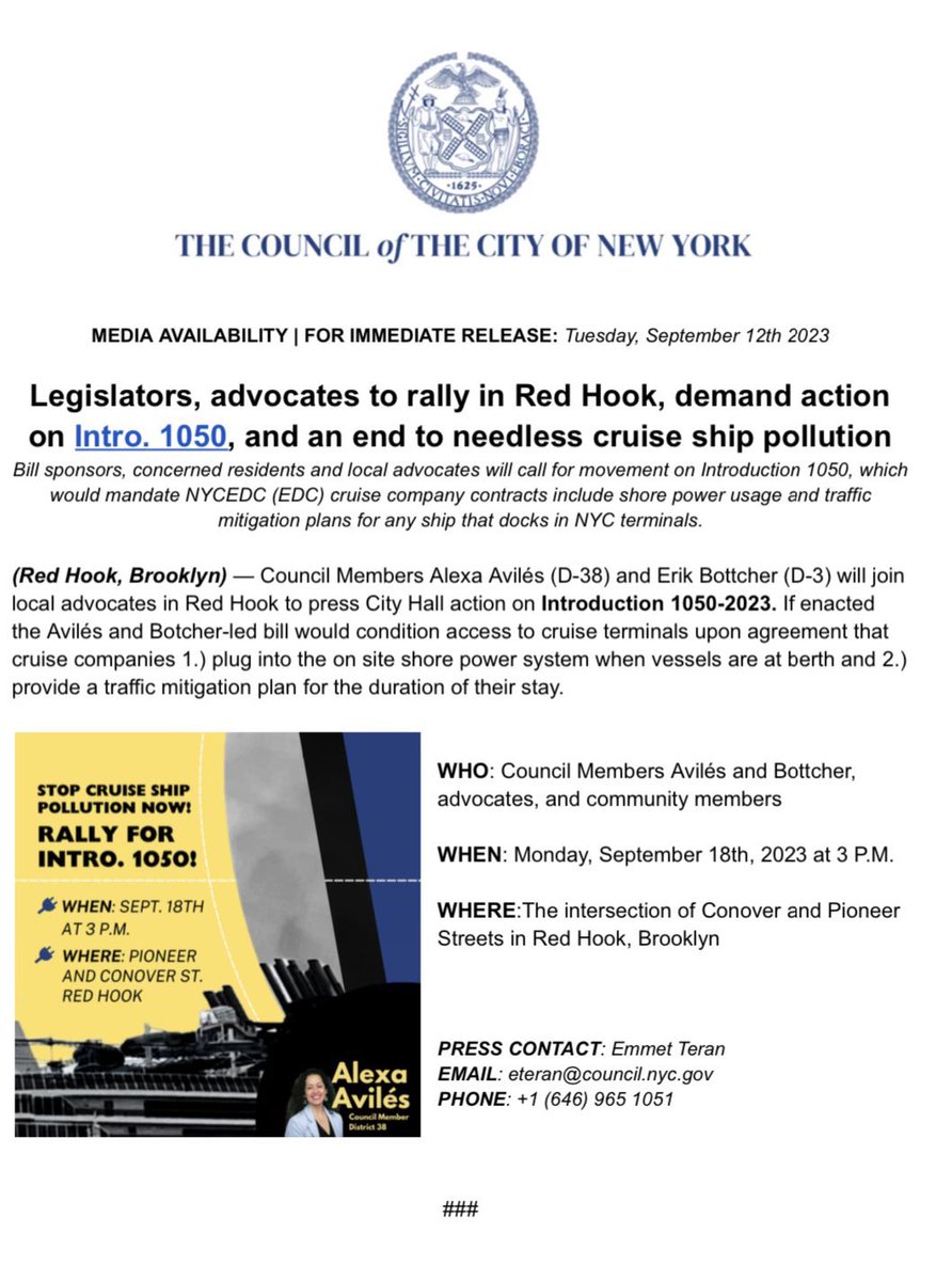 ViewFromTheHook's tweet image. Tomorrow! A rally to demand action on cruise ship pollution in #RedHook! The City must fix the system, make it usable for every ship visiting Brooklyn, and, as per @alexaforcouncil’s proposal, EVERY ship must plug in EVERY time! For 17 years Red Hook has been fighting for this!