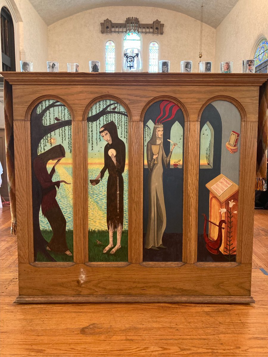 SWMissionRoc's tweet photo. Happy Feast of St Hildegard of Bingen, seen here depicted on our altar with St Francis of Assisi by Alex Hieronymous Bogs at @swmissionroc https://t.co/nxgerw4G9h