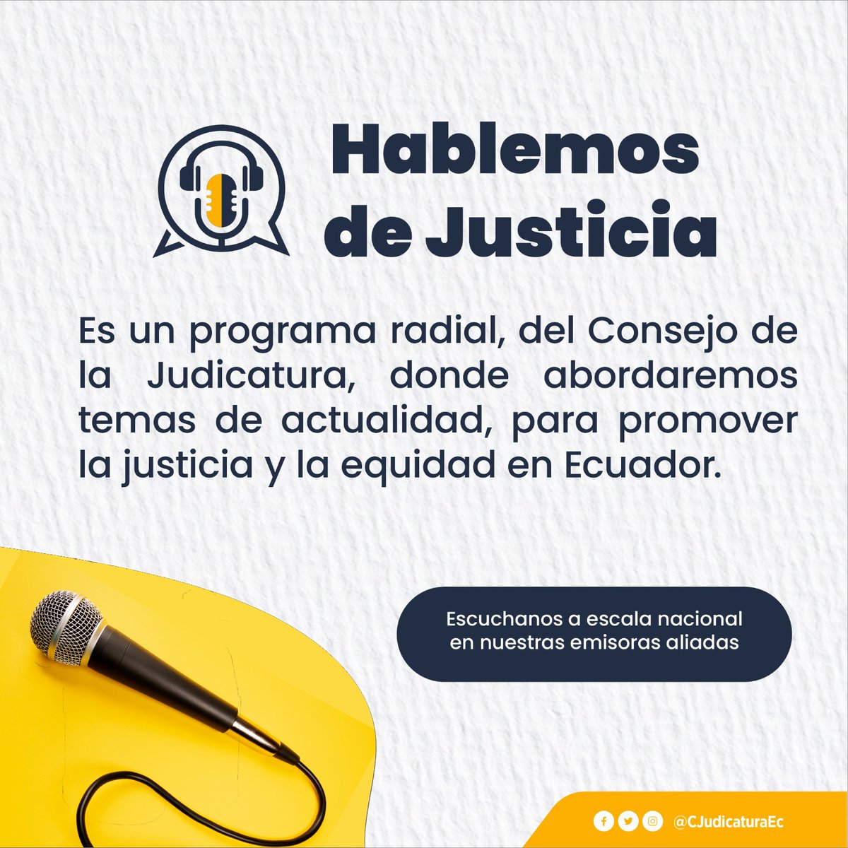CJudicaturaEc's tweet photo. #HablemosDeJusticia 🎙️

El  Consejo de la Judicatura abre canales informativos para dar a conocer a la ciudadanía los avances de la Función Judicial.

📣 Escúchanos en nuestras emisoras aliadas en todo el país. Porque la transparencia es fundamental en la administración de justicia. 

#DerechoALaVerdad