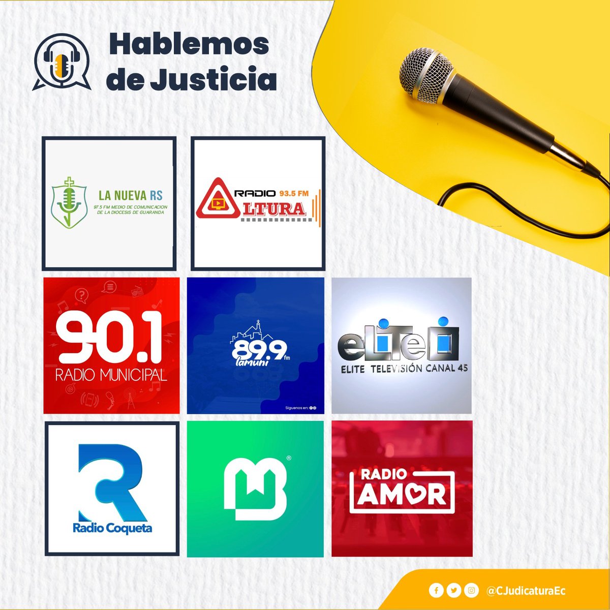 CJudicaturaEc's tweet photo. #HablemosDeJusticia 🎙️

El  Consejo de la Judicatura abre canales informativos para dar a conocer a la ciudadanía los avances de la Función Judicial.

📣 Escúchanos en nuestras emisoras aliadas en todo el país. Porque la transparencia es fundamental en la administración de justicia. 

#DerechoALaVerdad