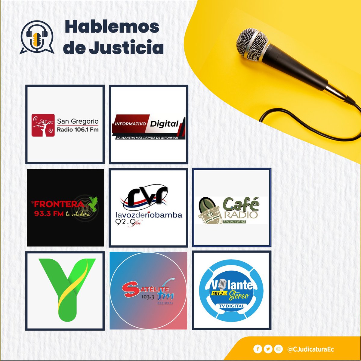 CJudicaturaEc's tweet photo. #HablemosDeJusticia 🎙️

El  Consejo de la Judicatura abre canales informativos para dar a conocer a la ciudadanía los avances de la Función Judicial.

📣 Escúchanos en nuestras emisoras aliadas en todo el país. Porque la transparencia es fundamental en la administración de justicia. 

#DerechoALaVerdad