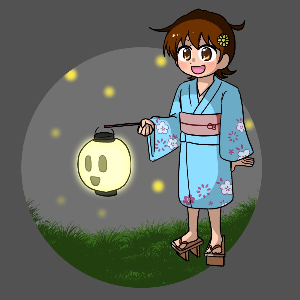 1girl japanese clothes brown hair kimono solo short hair lantern  illustration images