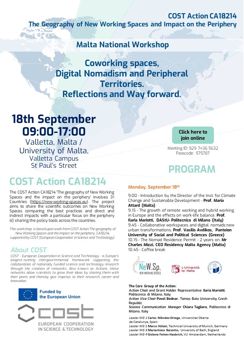 ✨ We are very excited about the #Malta National Workshop on “#Coworking Spaces, #DigitalNomadism and Peripheral Territories – Reflections and Way Forward” that will take place tomorrow! ✨ ⭐ If you are not in Valletta, you can also attend the event online (see flyer below)