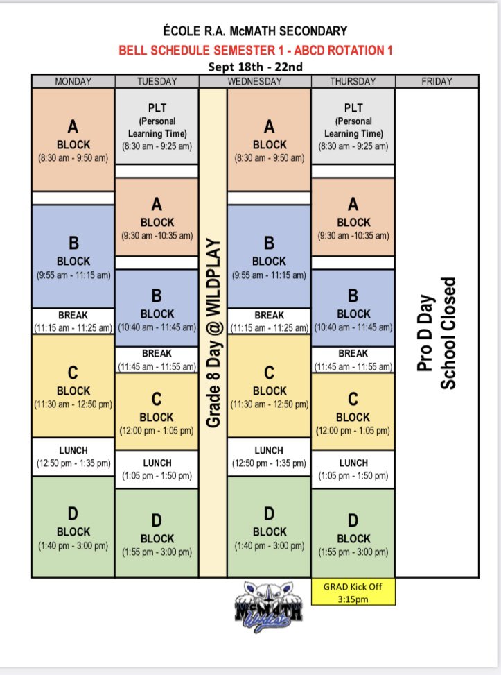 Wildcats! A busy week ahead. Check out the WAAG for Sept 18-22nd!
Mon ✅ Photo Day
Tues ✅ PLT & PAC Meeting 
Weds ✅ Grade 8s at Wildplay
Thurs ✅ PLT, Grad Kick Off, Gr 12 Parent Info Meeting & Meet the Teacher Night 
Fri ✅ Pro D Day
#bellschedule
#WeekAtAGlance
#mcmathpride🐾