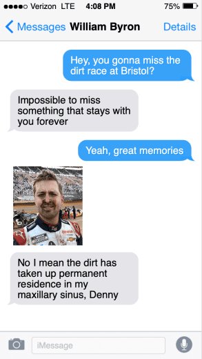 So Denny Hamlin won the race at @ItsBristolBaby and received several (extremely fake) texts afterwards. Read them all here -> bit.ly/3sUNid4 #NASCAR.com