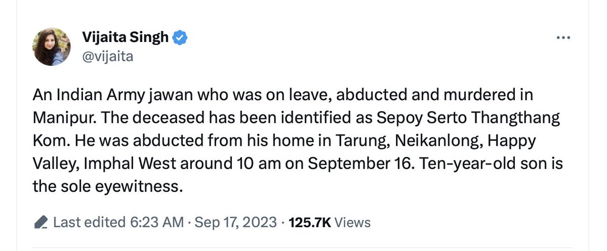 Fake news reporter .<a href="/vijaita/">Vijaita Singh</a> conveniently omits the details when the perpetrators are #KukiMilitants. 
She also tries to draw mileage by playing the soldier-who-was-on-leave-but-murdered-in-Manipur card to demonize Manipur.

Facts: 
1. Sepoy Serto Thangthang Kom took VRS and has