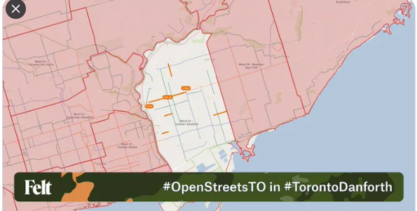 The goal in #TorontoDanforth is by the summer of 2026 we will have at minimum 52 days of #OpenStreets from our paltry 5 days now. Increase streets that are open to people by removing cars from 52km of roadway from the 3.2km we have today.  
This is the map felt.com/map/OpenStreet…