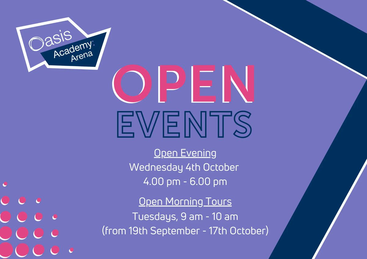 We're excited to invite all families to our #openevening at Oasis Academy Arena on Wednesday 4th October 2023 from 4 pm to 6 pm. Get a glimpse of what life is like at our academy and discover the opportunities available for your child. Register here: buff.ly/3sTjtJV