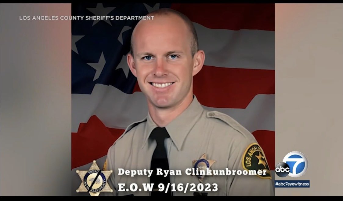 ConstableRosen's tweet photo. Extremely sad to hear the news of Dep. Ryan Clinkunbroomer who was ambushed while in his patrol car. Our thoughts &amp; prayers are with his family, friends &amp; coworkers of the @lacountysheriff. We stand with our brothers &amp; sisters in blue in LA County &amp; pray they catch this coward! https://t.co/XFfYdbLd2M