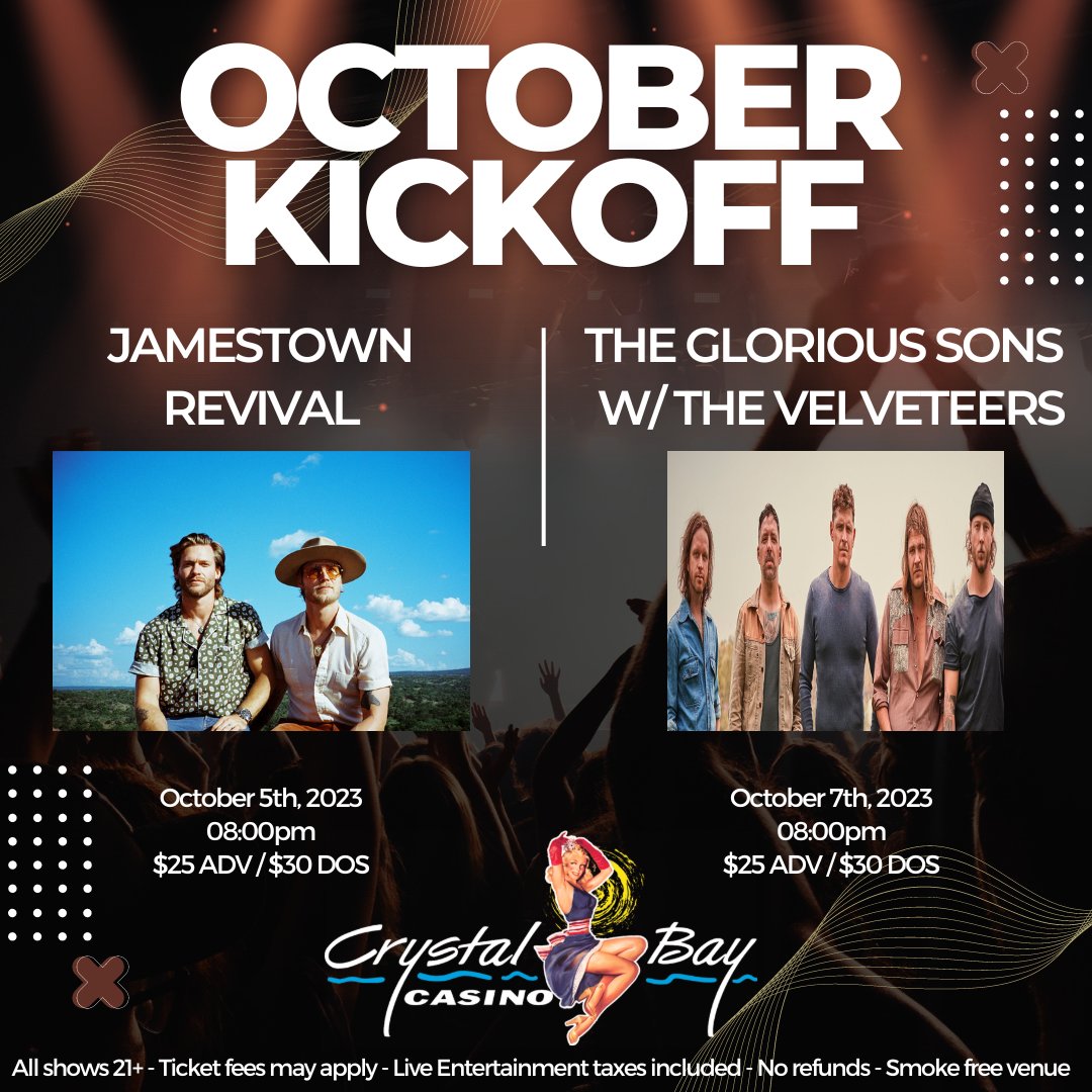 Prepare to kick off the month of October with awesome music and great vibes!!🎶 @JTRevival @TheGloriousSons 
#Crystalbayclubcasino #Tahoenightlife #Northlaketahoe #Octoberkickoff #Awesomemusic #Greatvibes