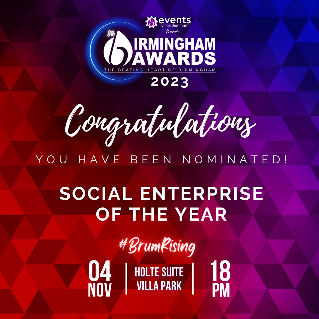 Congratulations @jerichoOrg you have been nominated for 'Social Enterprise of the Year' at this year's @birminghamawards 

Celebrating the people, the businesses, and the city 

The beating heart of Birmingham 

#Goodluck

#BrumRising #BrumAwards23