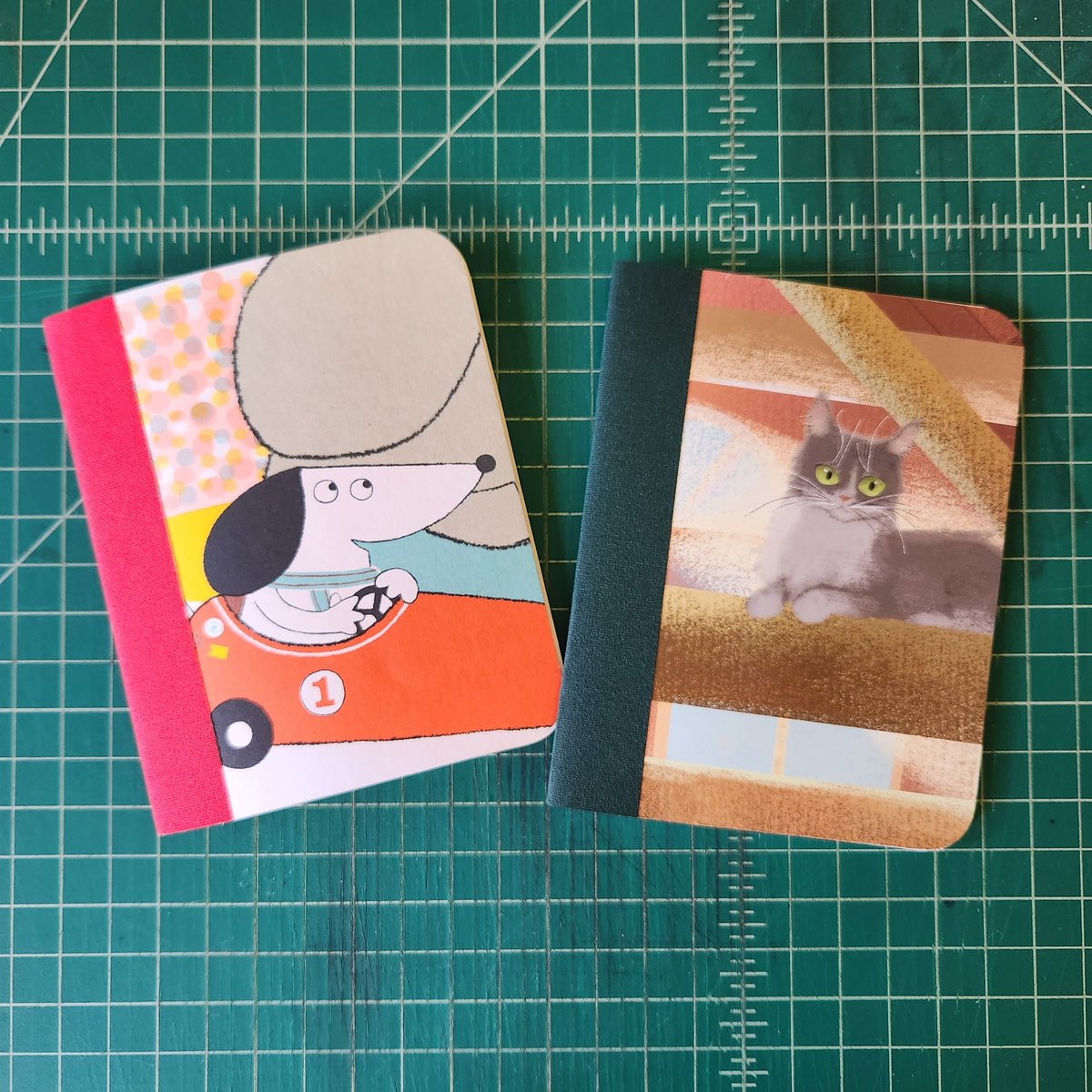 tcanny's tweet photo. A couple #catchpennybooks mini sketchbooks with picturebook pages for covers from "Number One Sam" by #GregPizzoli and "The New Kitten" by @JoyceCarolOates and illustrated by @dmott70. https://t.co/vxf2DzpTmm