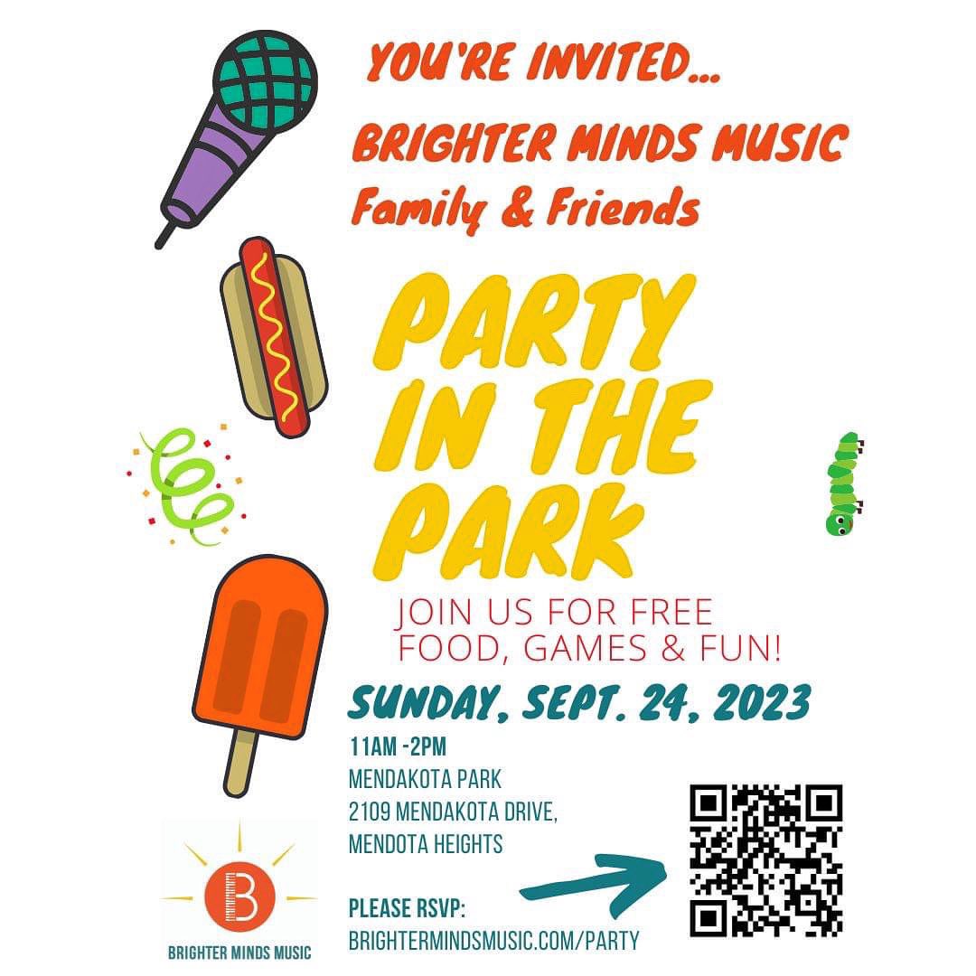 One week from today! You are invited to our annual “Party in the Park” at Mendakota Park. Join us for free food, games and fun!  Please RSVP so we know how much food to bring: brightermindsmusic.com/party  🌭🌭🌭
