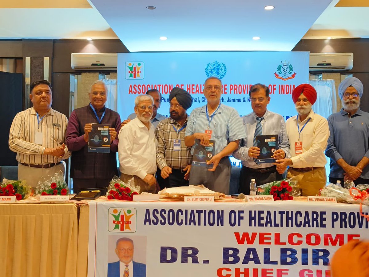 GoreaRK's tweet photo. Dr Balbir Singh Health Minister Punjab, Dr Rajiv Sood, VC, BFUHS, Dr Wander Chairman, Dr PS Brar Member Governing Board BFUHS, Dr B Singh President IMA PUNJAB Dr JYANI President AHPI releasing my Book Basics of Forensic Nursing Science today at the Conference of APHI at Jalandhar https://t.co/mYQBS7LDUy