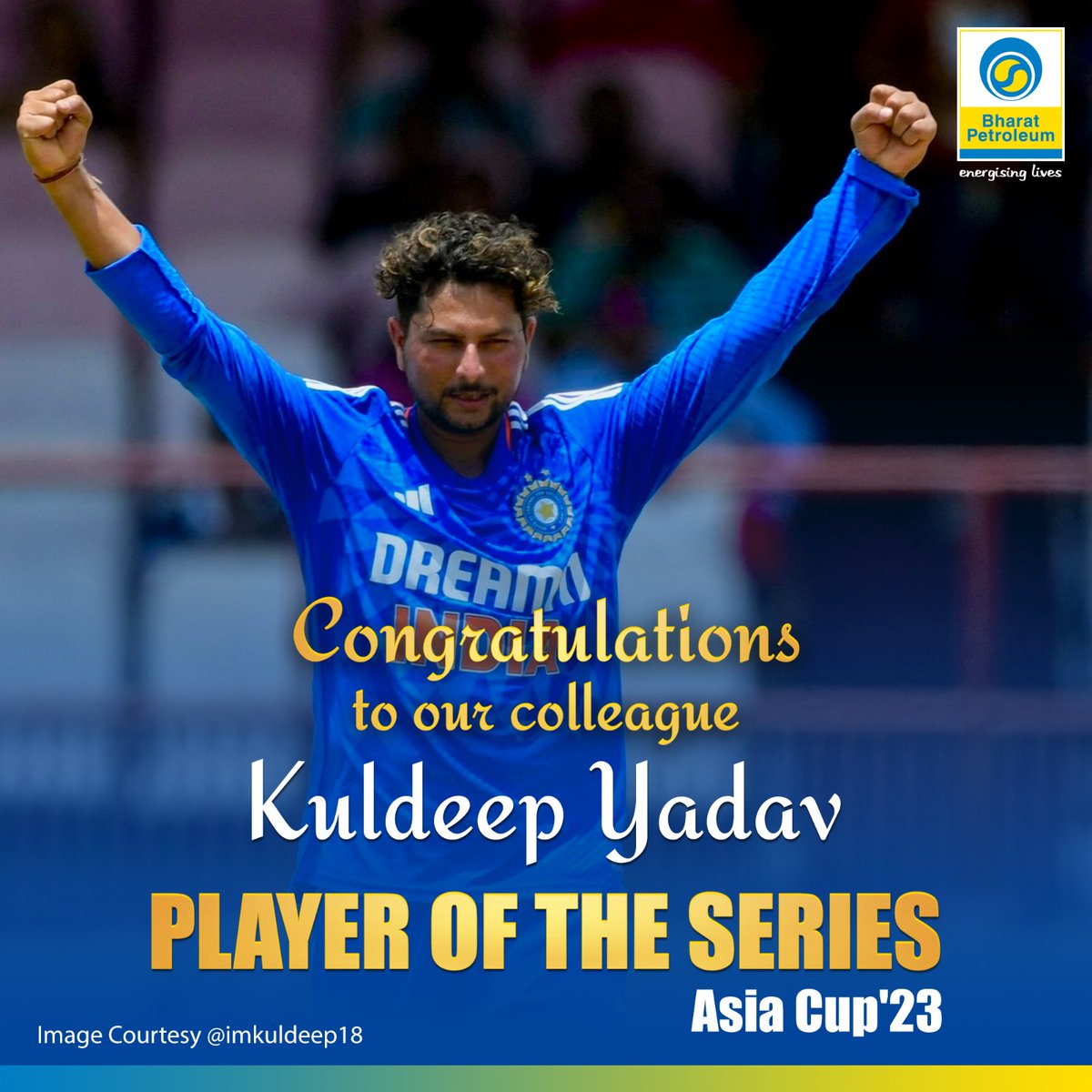 A big shout out to our collegue Kuldeep Yadav in winning ‘Player of the Series’ at #AsiaCup2023 His dedication, sportsmanship, and remarkable performance, are true reflection of the BPCL spirit. #AsiaCupChampions #TeamIndia #RahulDravid #KuldeepYadav #CricketGlory #AsiaCup23