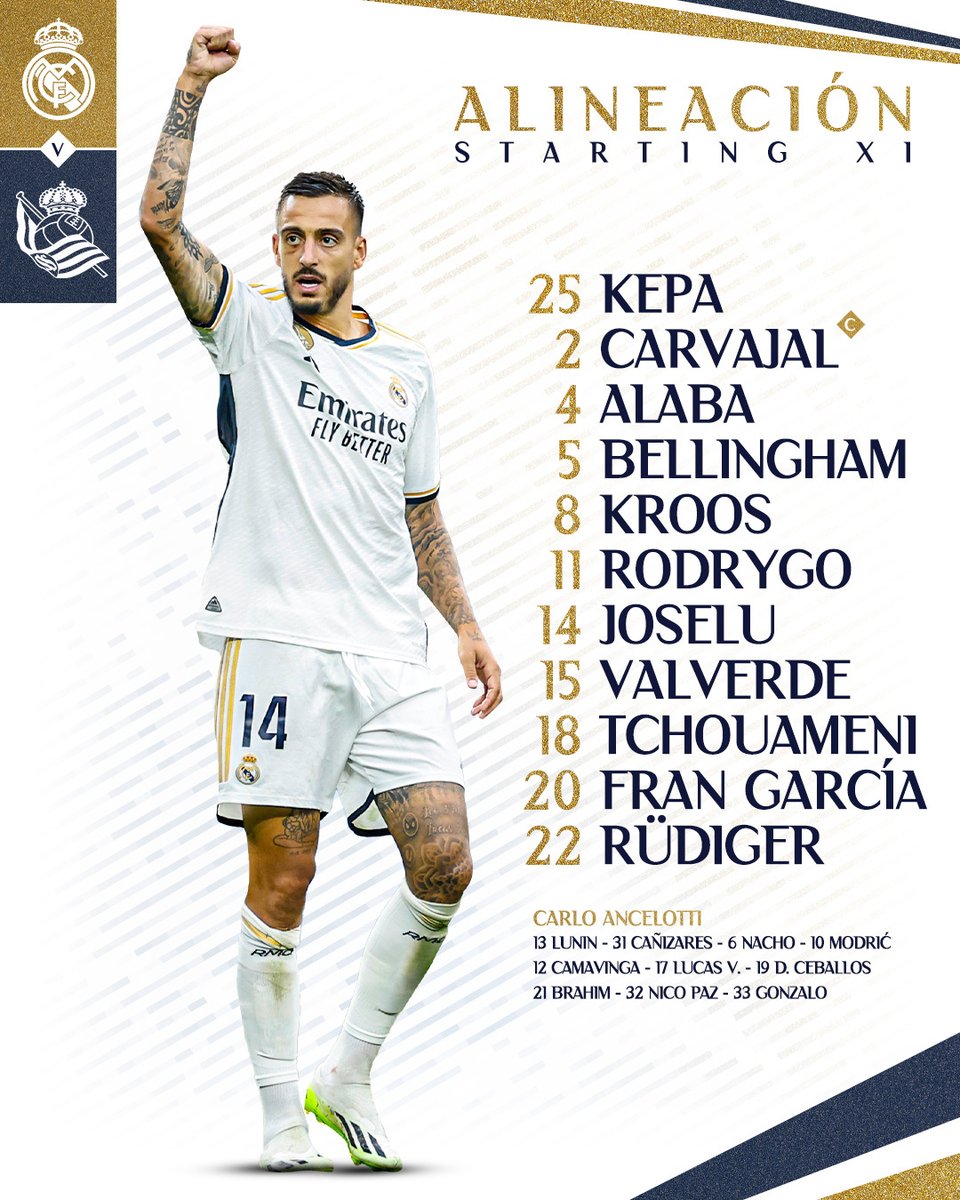 realmadriden's tweet photo. 📋✅ Our starting XI 🆚 @RealSociedadEN!
#RealMadridRealSociedad https://t.co/zXpkQbX9yf