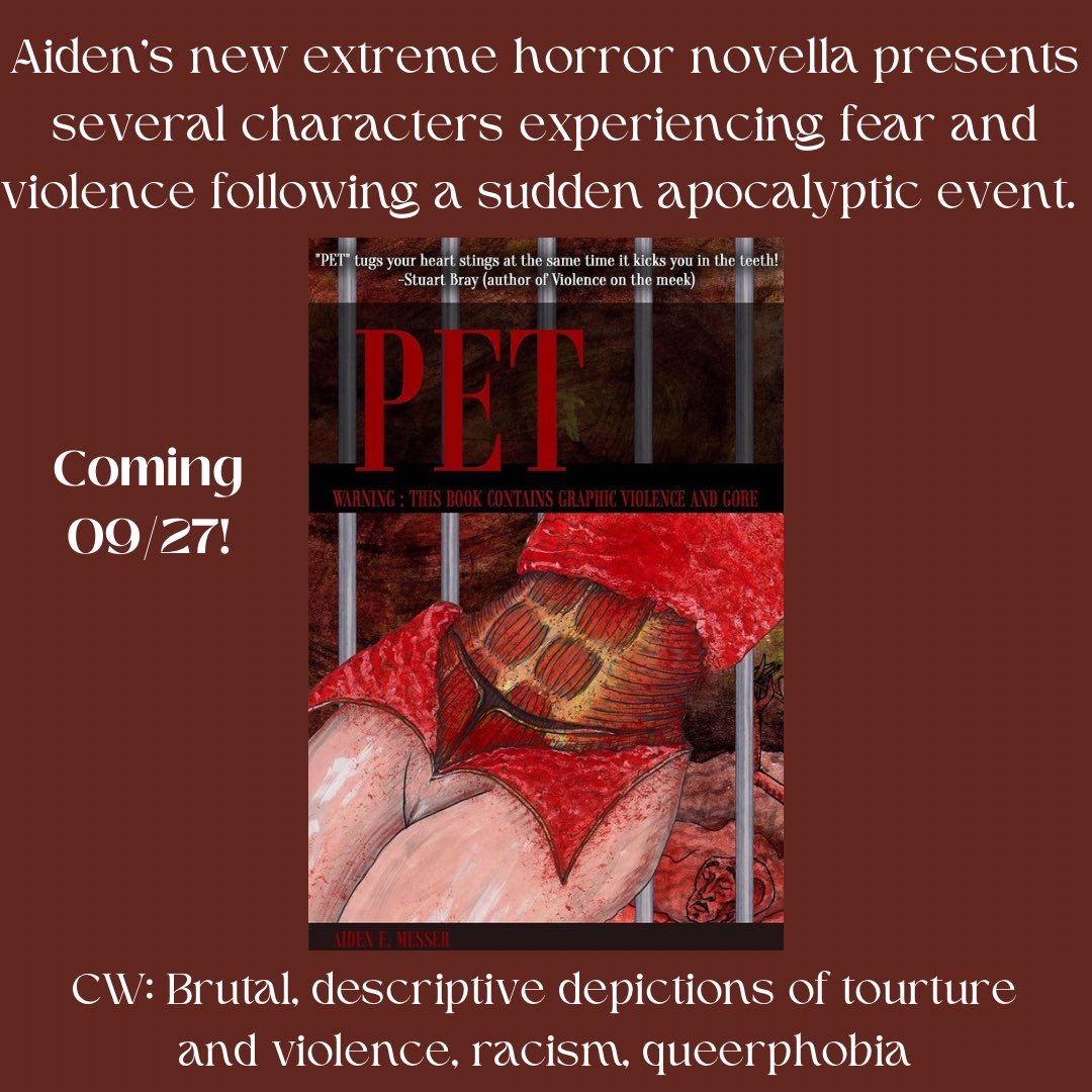 In a Violet Nature (She/They) (@vithelibrarian) on Twitter photo I was glad to receive an eARC from the wonderful <a href="/AidenEMesser/">Aiden E. Messer</a> for their newest novella, Pet. In this brutal examination, Messer looks at group of violent 20-somethings who search for victims following an apocalyptic event that unmoors the world:
(1/6) I was glad to receive an eARC from the wonderful <a href="/AidenEMesser/">Aiden E. Messer</a> for their newest novella, Pet. In this brutal examination, Messer looks at group of violent 20-somethings who search for victims following an apocalyptic event that unmoors the world:
(1/6)
