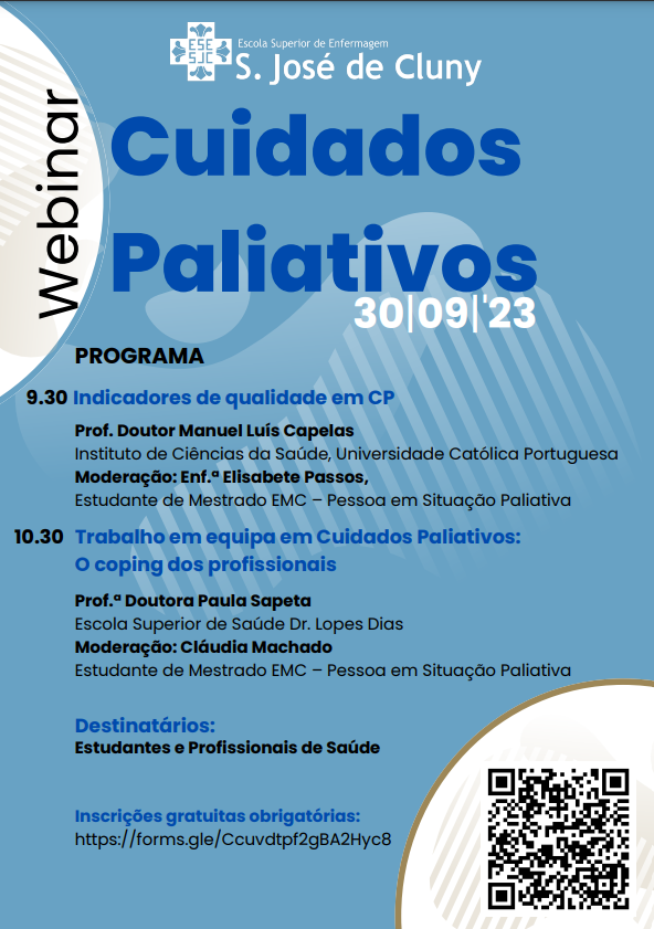 AEEEMC1's tweet photo. A pedido da ESESJCluny divulgamos o Webinar: Trabalho em Equipa em Cuidados Paliativos, que irá decorrer dia 30 de setembro de 2023. 

Inscreva-se no seguinte link: https://t.co/kNjEInZMON https://t.co/GSKas3wgRV