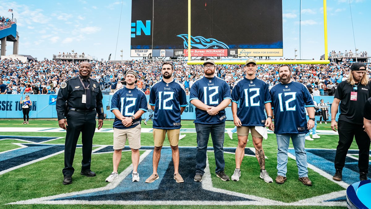 Titans's tweet photo. Our honorary 12th Titans for today's game are the officers who responded to The Covenant School 

Officer Rex Engelbert, Detective Michael Collazo, Sergeant Jeff Mathes, Detective Ryan Cagle, and Detective Zachary Plese 💙 https://t.co/qfoEuACIBE
