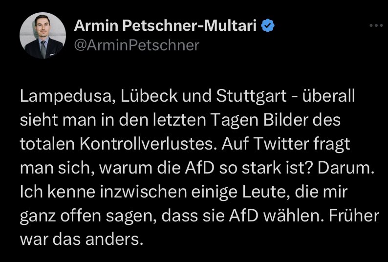 Spannend: Früher war es Konsens, dass die AfD ihre Realität herbeilügt. 

Heute gibt es die ersten, die den Erfolg der AfD damit erklären, dass sie ihre Analysen teilen. 

Wir sind längst an dem Punkt, dass diese rechtsradikalen Positionen aus der Mitte legitimiert werden.