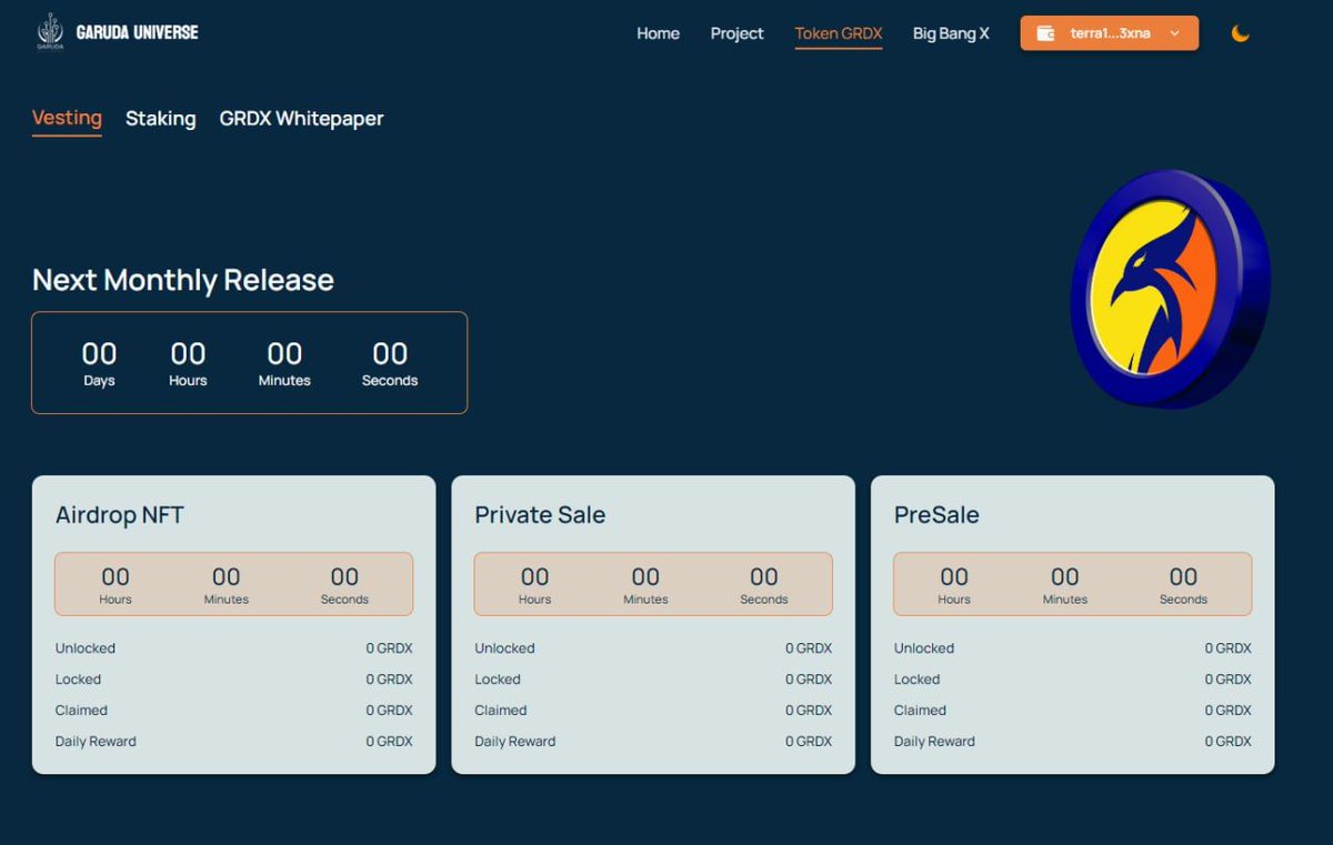 GarudaUniverse's tweet photo. Our front ends are working to show the vesting information of token $GRDX on our website https://t.co/QE2EAxPRxd 

By connecting the TS wallet to our website, all information of your $GRDX vesting  will be shown in there soon.

Than you
#LUNCcommunity #LuncBurn #lunc https://t.co/95W1lTbuQL