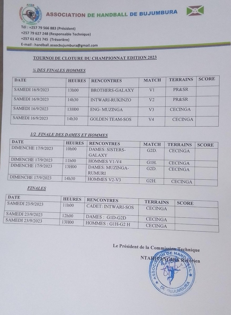 IntwariNgagara's tweet photo. Tournoi de clôture du Championnat national de Handball, Édition 2023.
Après avoir battu RUKINZO en 1/4 de finale sur le score de 43-29, le Club INTWARI H.C s'est imposé face à Muzinga en 1/2 finale 33-32. 1/
#Burundi 🇧🇮 https://t.co/iCdmN82AhG