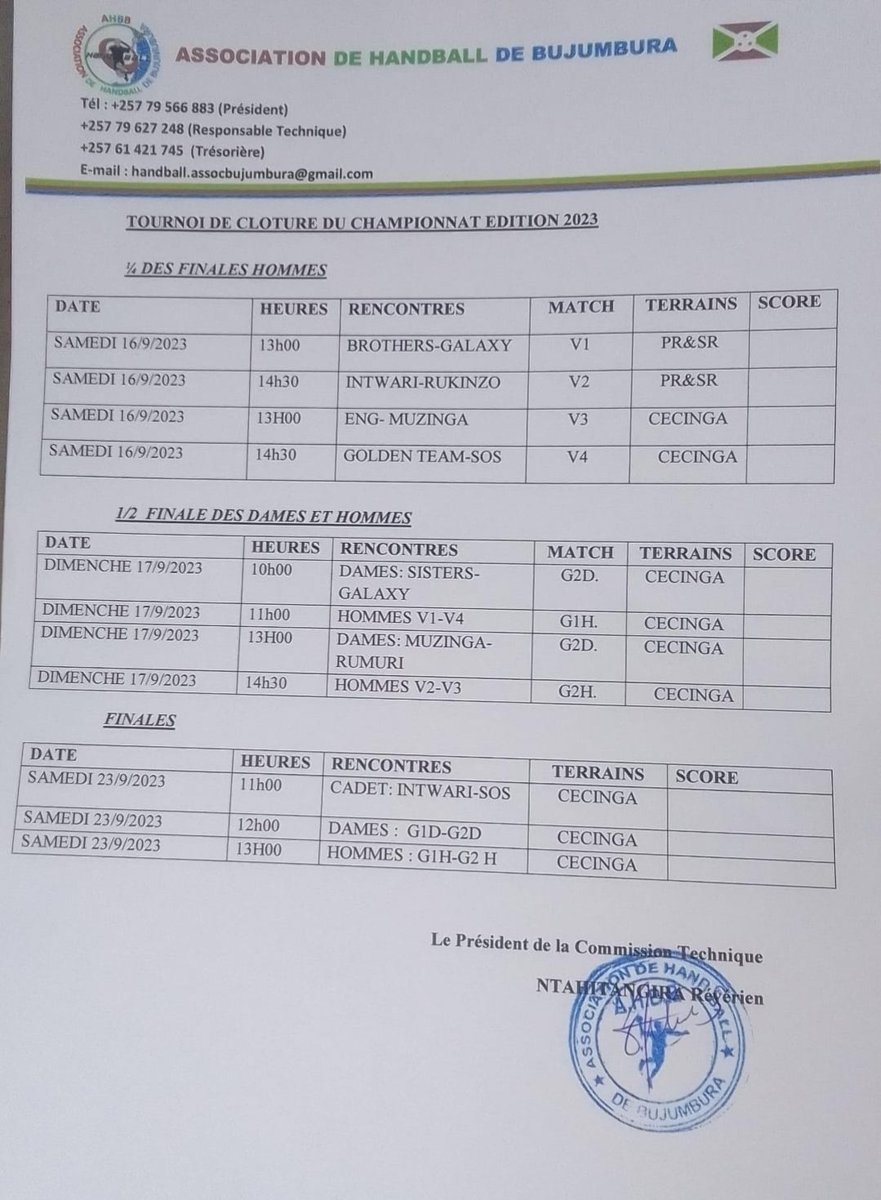 IntwariNgagara's tweet photo. La finale qui va se dérouler au CECINGA à #Ngagara ce samedi 23 septembre 2023 à 13h00, opposera le Club INTWARI H.C à S.O.S. 
Le même jour, les Cadets du Club INTWARI H.C vont à leur tour affronter le Club S.O.S sur le même terrain à 11h00. 2/
#Burundi 🇧🇮 https://t.co/rBt0QUhryw