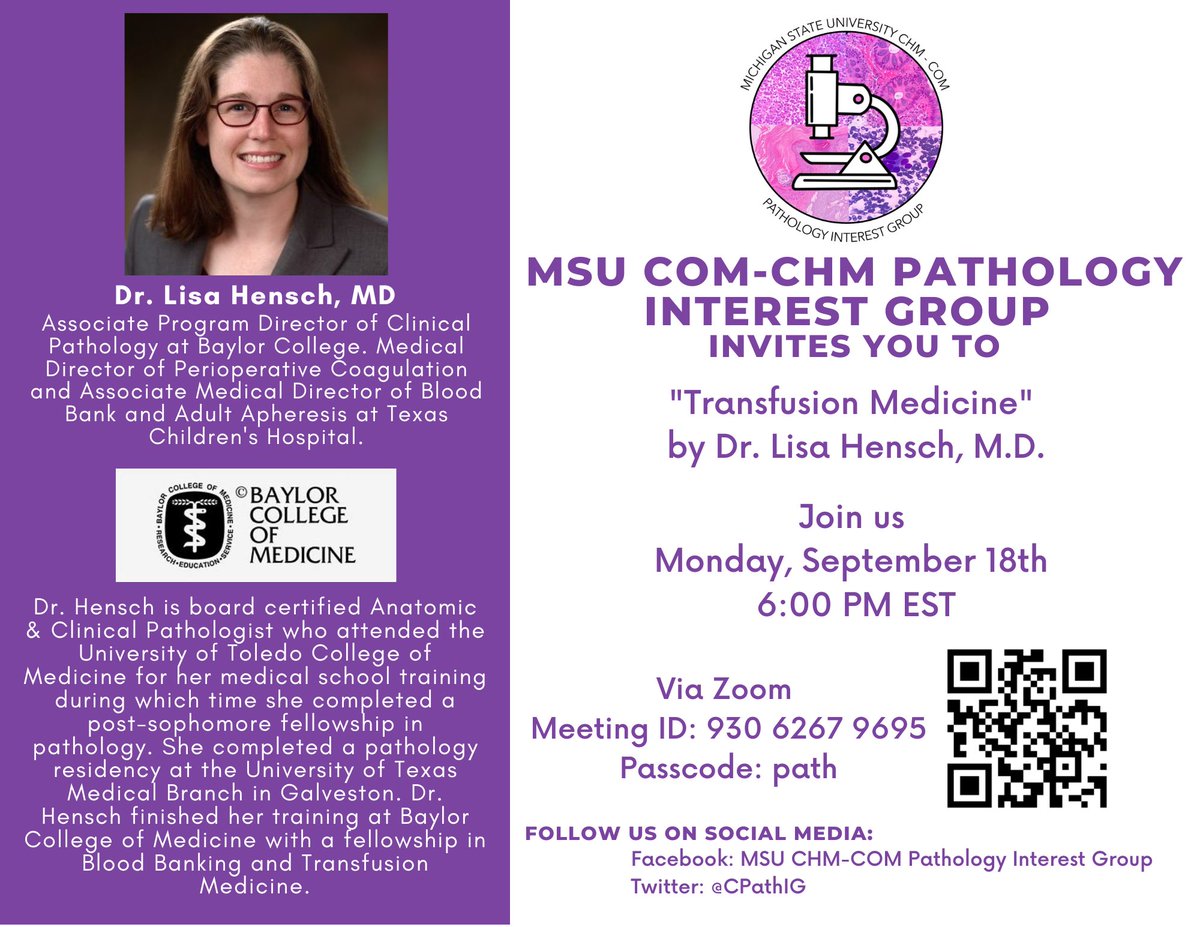 #PathTwitter community, please join us this week for 2 events to learn about path specialties featuring Dr. Lisa Hensch on "Transfusion Medicine" Monday, Sept 18th &amp; Dr. Thomas Chong "Path informatics" Wednesday, Sept 20th, 6 PM ET <a href="/MatchToPath/">MatchToPath</a> <a href="/Path_SIG/">Virtual Pathology Student Interest Group</a> #PathMatch24 #PathMatch25