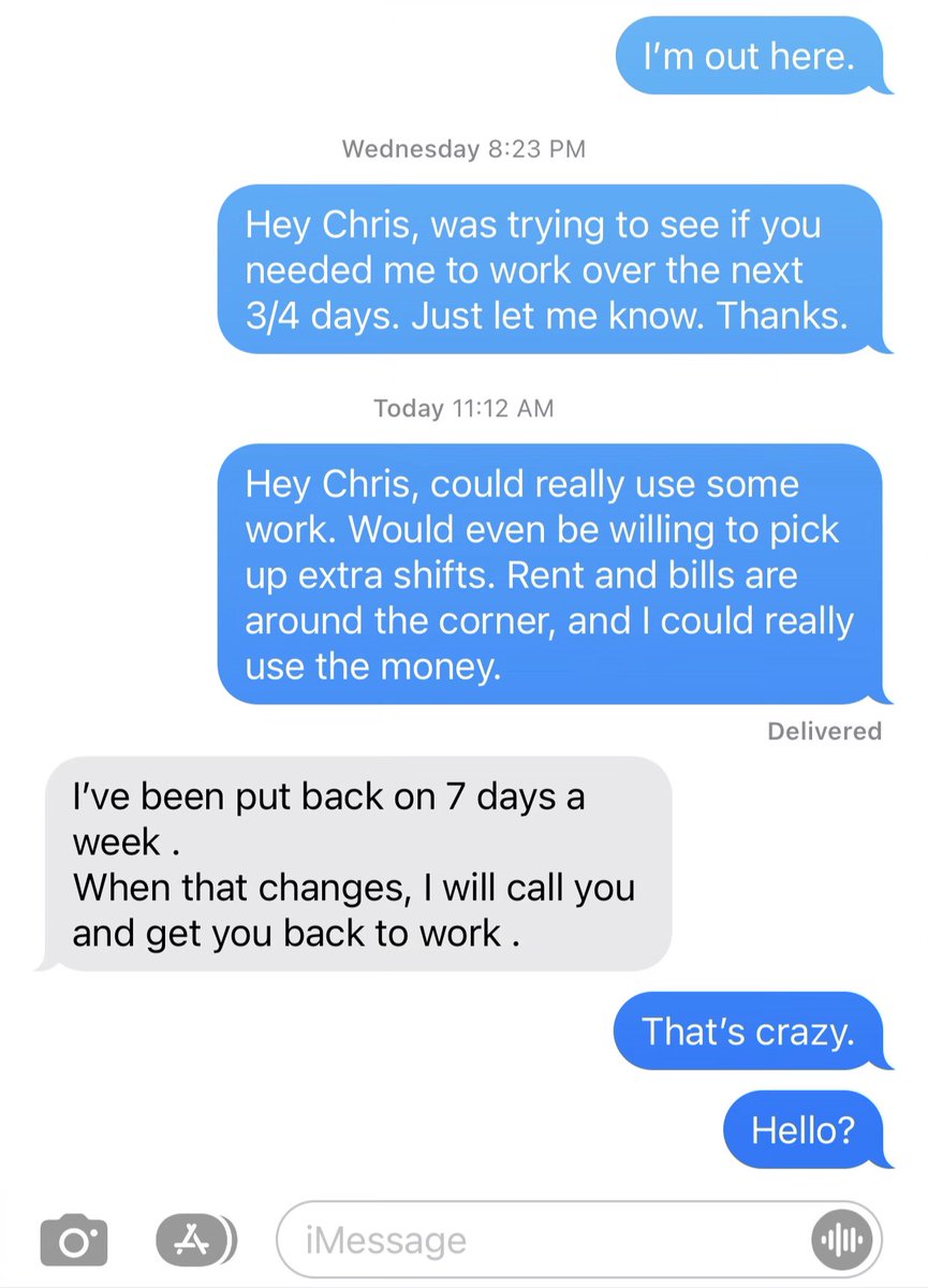 ItsDFRNT's tweet image. Boss just sent me this and then blocked me on TWO separate numbers. I guess my bills aren’t getting paid. 

This is perfectly legal to do btw. 🤷🏻‍♂️