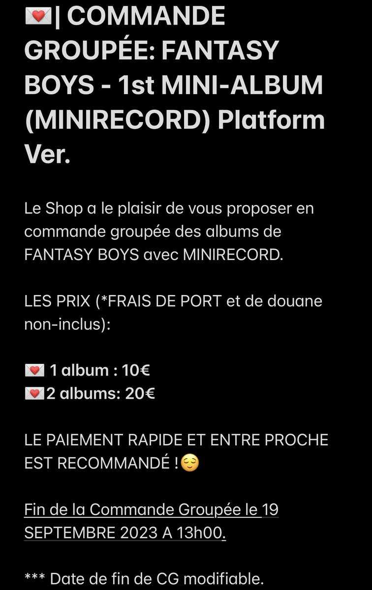 MoonlandShopGO's tweet photo. 💌| COMMANDE GROUPÉE: FANTASY BOYS - 1st MINI-ALBUM (MINIRECORD) Platform Ver.

Le Formulaire : https://t.co/7OBYlWyuJo

Veuillez bien lire ci-dessous et bien lire et remplir le formulaire.🥰 

Partenaires : @FantasyBoysfra, @HikaruFB_France, @GyuraeFrance, @FranceLingQi https://t.co/G4oyF7aP1C