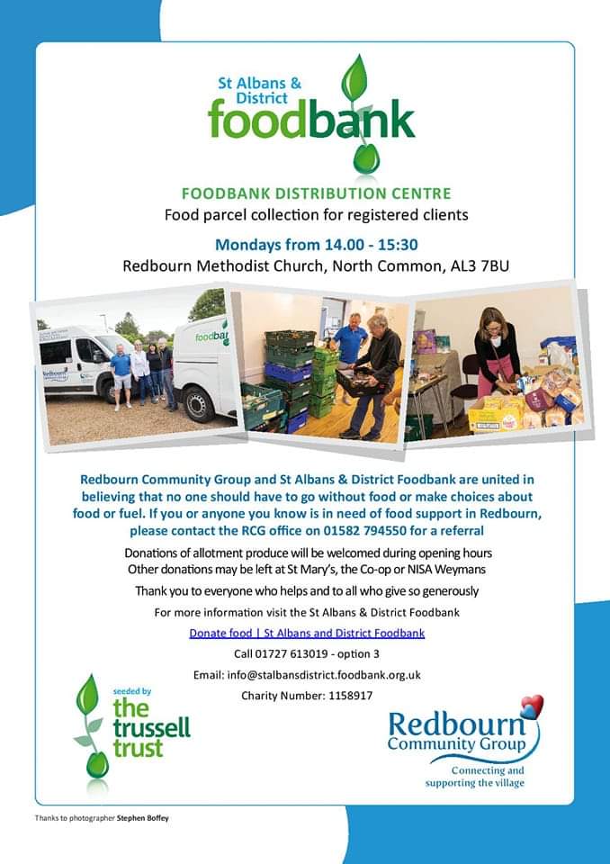 Don’t forget! The Foodbank is open every Monday afternoon between 2-3.30pm at the Methodist Church, North Common. Call 01582 794550 or email: info@redbourncg.org

#foodbank #foodsecurity #localcharity #stalbans #Redbourn