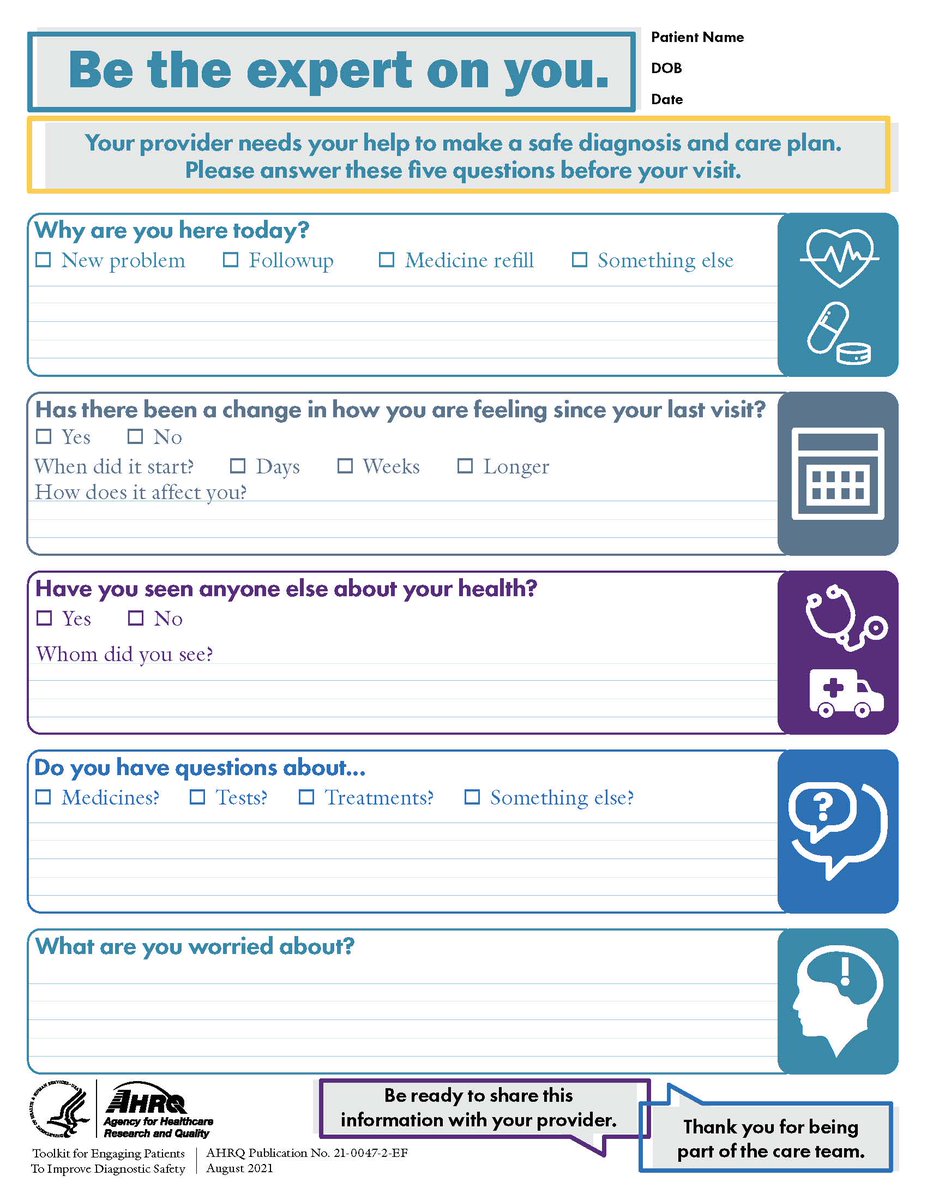 I am often asked, as a patient, if I can do one thing to help improve #PatientSafety what should I do? My goto answer - #BePrepared for your visit. YOU are the expert on YOU!

Engaging Patients To Improve Diagnostic Safety ahrq.gov/patient-safety… 
<a href="/AHRQNews/">AHRQ</a>  #WPSD2023