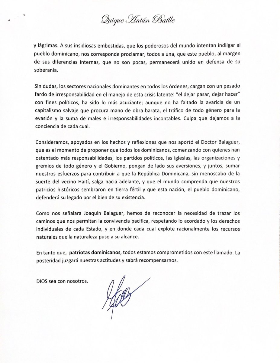 Carta de @QuiqueAntun 'Un llamado a la dirigencia política nacional y al pueblo dominicano'.