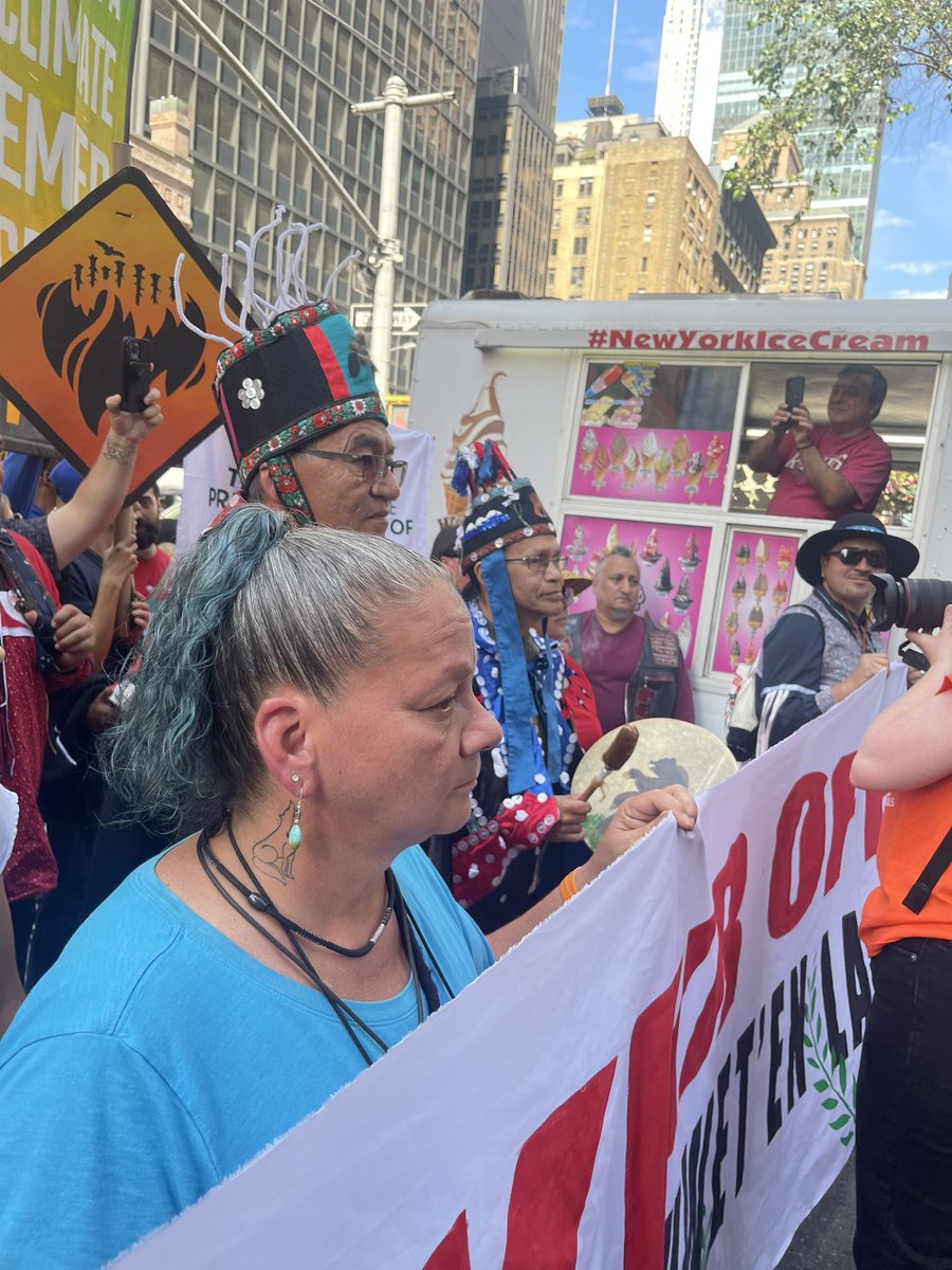 Wet’su’wet’en Hereditary Chiefs Woos &amp; Namoks (seen behind Winona Laduke-purple t-shirt) are in NYC right now at the march to end fossil fuels. The Wet’su’wet’en Hereditary leaders have said ‘no’ to the <a href="/TransCanada/">TransCanada</a> owned CGL pipeline being constructed in their unceded