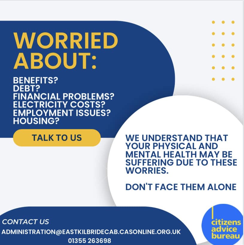 ConnectedEK's tweet photo. @CABEastKilbride are here to provide help &amp; advice in a broad range of areas.
Their excellent team understand that mental &amp; physical health can be impacted by money worries, so get in touch to arrange a chat.
📞01355 263 698
📧 administration@eastkilbridecab.casonline.org.uk https://t.co/qb0K4ncFzt