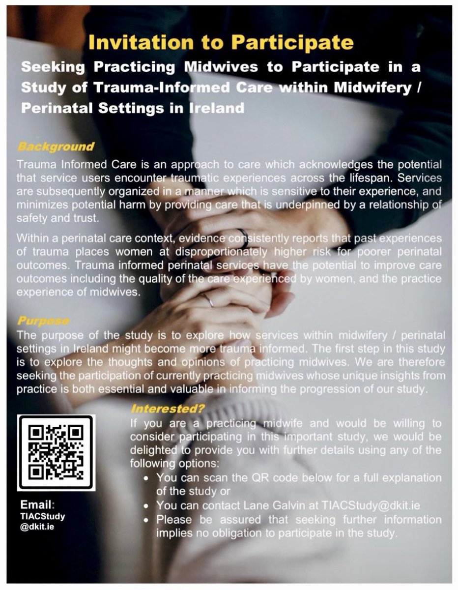 Time is running out to participate⏰ If you are a midwife, midwife educator or midwife manager currently practising in Ireland, might you consider participating in this important research study about trauma informed care? dkitsohs.qualtrics.com/jfe/form/SV_cw… @INMO_IRL @NMBI_ie @MidwiferyD