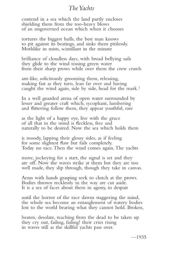 Happy birthday to Dr. William Carlos Williams, who watched the yachts contending for the America’s Cup off Newport, RI, in 1934, at the depth of the Great Depression, and thought of Dante and Virgil floating over souls of the damned in Canto VIII of the Inferno.