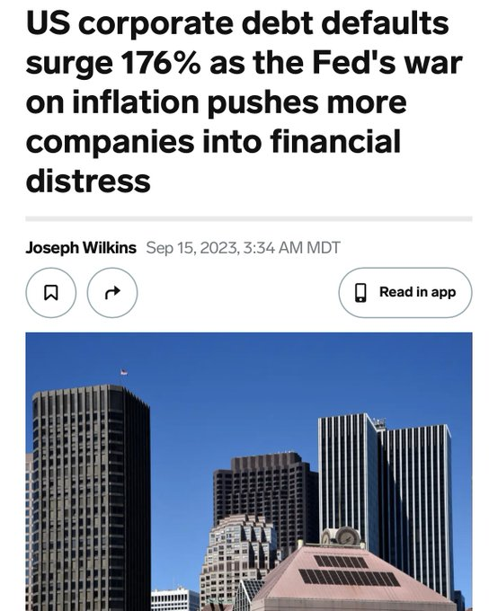 WallStreetMav's tweet photo. Recession? What recession? 
Everything is fine.🔥

Debt defaults by US companies surged 176% in the first eight months of 2023 from the year-earlier period, S&P data shows, as high interest rates push more businesses into financial distress.

As many as 69 firms missed debt payments during the January-August stretch, up from 25 in the same period of 2022.

The media and entertainment industry was the most affected, with a sixfold jump in defaults.