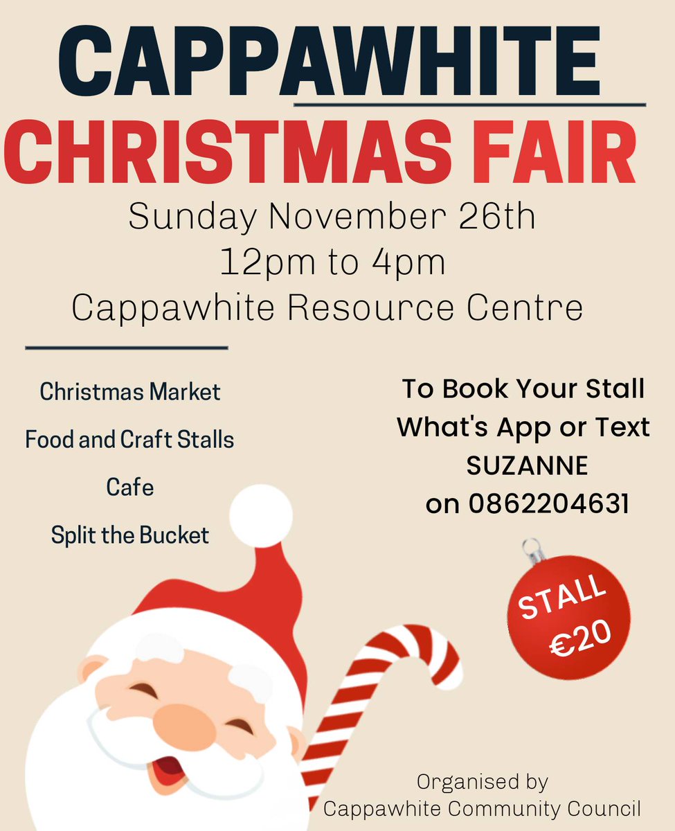 CappawhiteCC's tweet photo. It's nearly that time of year again!!!! Cappawhite Community Council are delighted to announce that our Christmas Fair will be returning on Sunday November 26th at Cappawhite Resource Centre! Looking forward to seeing you all there! https://t.co/f5UFfGXqxi