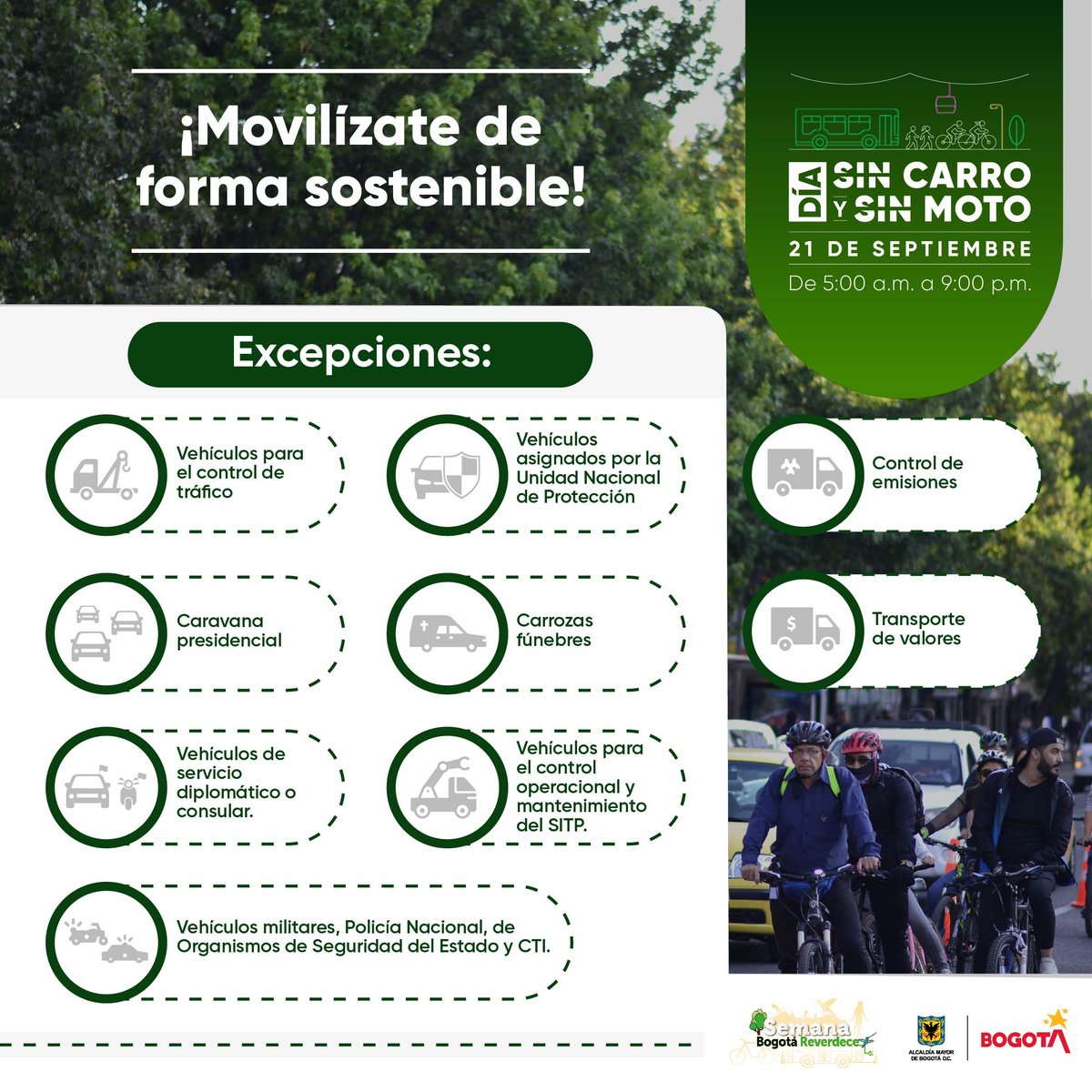 BogotaTransito's tweet photo. Este 21 de septiembre, Bogotá vivirá una nueva jornada del #DíaSinCarro y sin Moto. 

✅Conoce las excepciones y prográmate para usar medios de transporte sostenibles como la bici y el transporte público. https://t.co/m2jh06dJLa