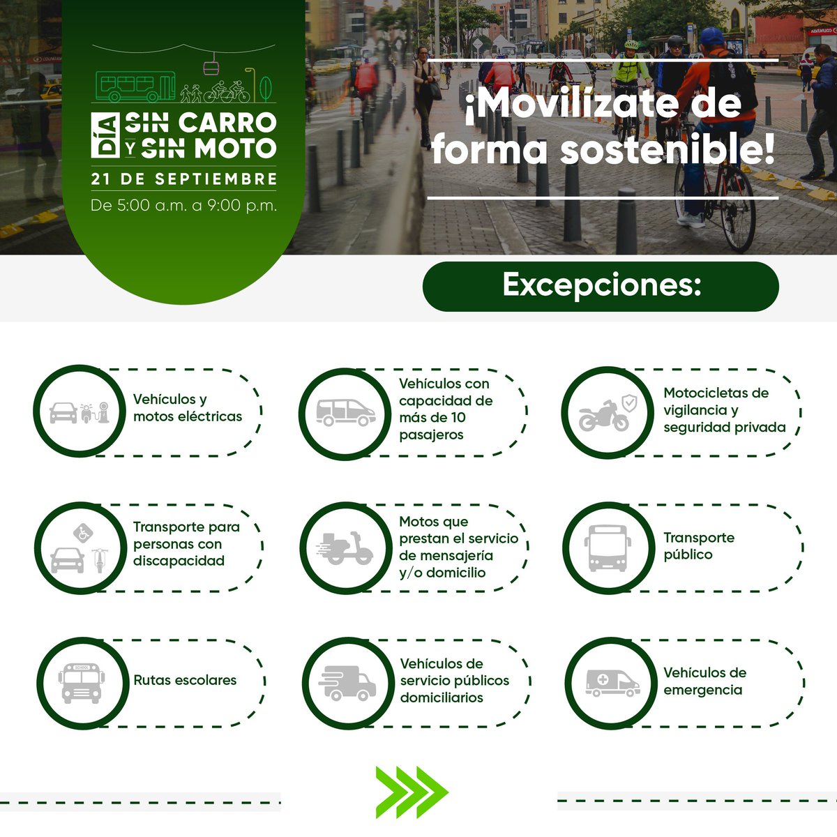 BogotaTransito's tweet photo. Este 21 de septiembre, Bogotá vivirá una nueva jornada del #DíaSinCarro y sin Moto. 

✅Conoce las excepciones y prográmate para usar medios de transporte sostenibles como la bici y el transporte público. https://t.co/m2jh06dJLa