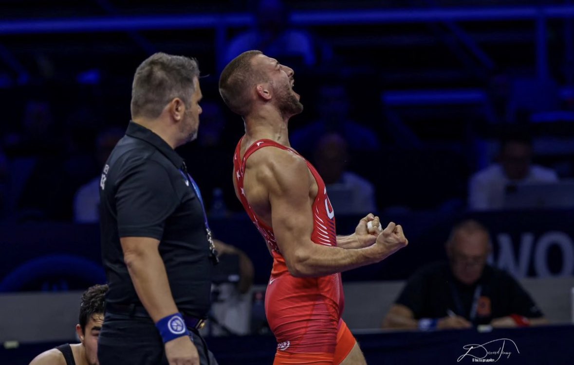 WORLD CHAMPION.

<a href="/BigRedWrestling/">Cornell Wrestling</a>’s Vito Arujau claims the 61kg gold medal following a 10-9 win over Abasgadzhi Magomedov at the Word Wrestling Championships in Belgrade. 

Congrats, Vito! 🌿🤼‍♂️