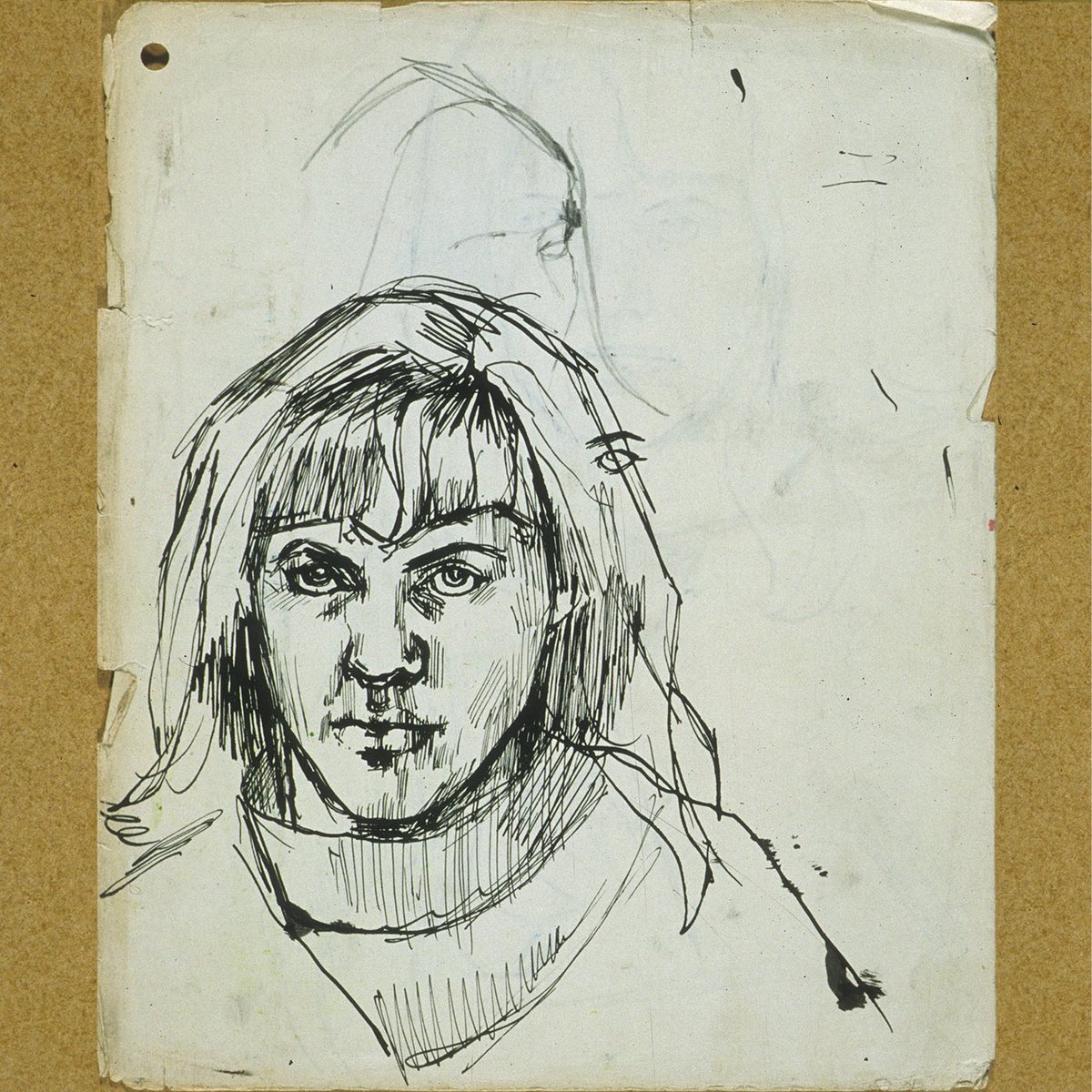 Pen and ink self portrait from Pauline Boty’s sketchbook, c. 1957/8. 21.6 x 17.8 cm.
.
Image courtesy of The Women’s Art Library, Goldsmiths, University of London/Pauline Boty Estate
#paulineboty #womensartlibrary #goldsmiths #universityoflondon