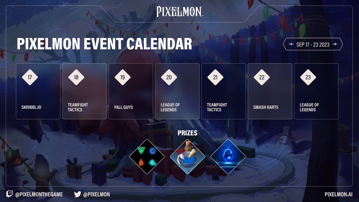 Check out this weeks discord events and some of the prizes for this month! 🗓️🏆

Let us know which event below you're looking forward to most! 👇

As always, check out the <a href="/Pixelmon/">Pixelmon 🔺</a> discord for more info!