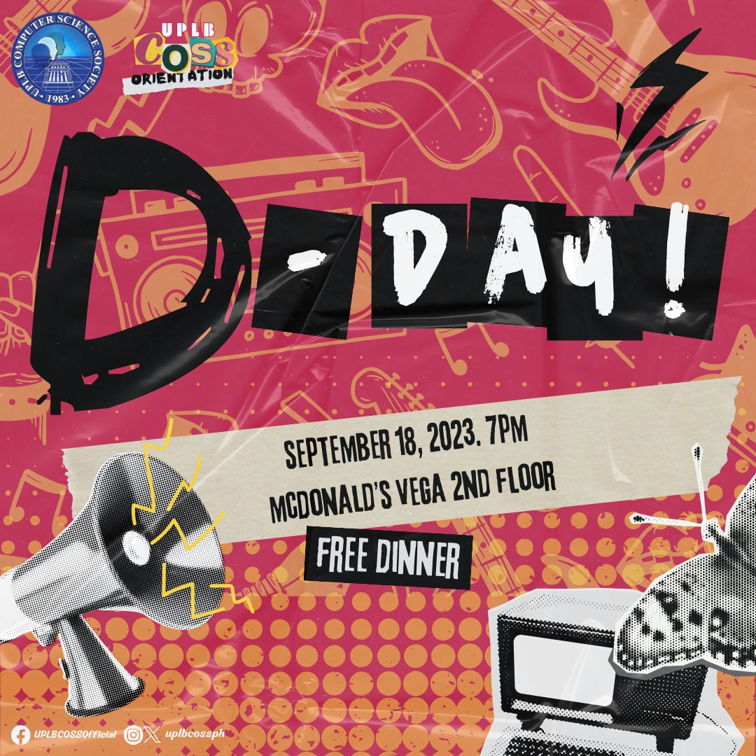 uplbcossph's tweet photo. 🔥🎸 D-DAY IS HERE: Let's GIT PUNKED! 🎸🔥

Get ready to dive headfirst into the electrifying world of UPLB Computer Science Society at our orientation Join us at 𝐌𝐜𝐃𝐨𝐧𝐚𝐥𝐝'𝐬 𝐕𝐞𝐠𝐚 𝐂𝐞𝐧𝐭𝐞𝐫 𝟐𝐧𝐝 𝐅𝐥𝐨𝐨𝐫, 7:00 PM, and let's rock this night together. https://t.co/9cnr3UiuNo
